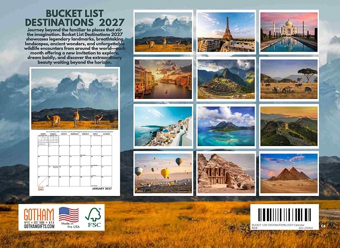 Bucket List Calendar 2027 Travel Destinations Monthly Wall Calender 12 Month