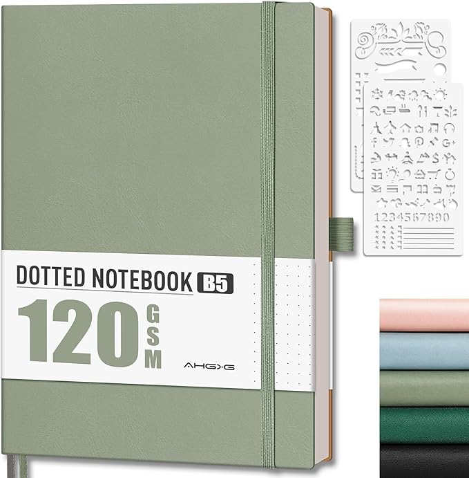 AHGXG Bullet Dotted Journal - Dot Grid Notebook Journal, 120 GSM Thick Acid-Free Paper, Large B5 Dotted Notebook 96 Pages, Leather Softcover, Inner Pocket, Journal Stencil, 7.6'' X 10'' - Sage Green