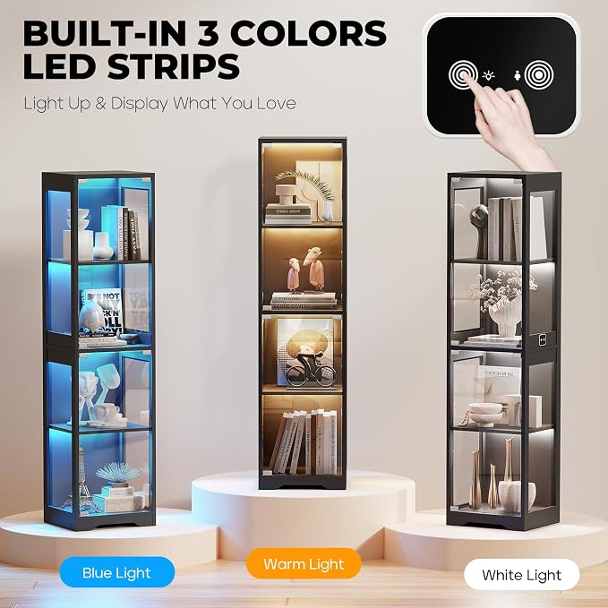 BROTTAR Glass Display Cabinet, Display Case for Collectibles, Black | 4-Tier Curio Cabinets with 3 Color Lights&Human Body Sensor, Storage Cabinet with Glass Door