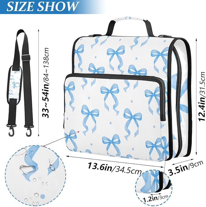 3 D-Ring Zipper Binder Bag, Blue Ribbon Bow Dots Pattern Removable Binder with Zipper Case Hold 300+ Sheets& 13 Inch Laptop for School Office Supplies Organizer