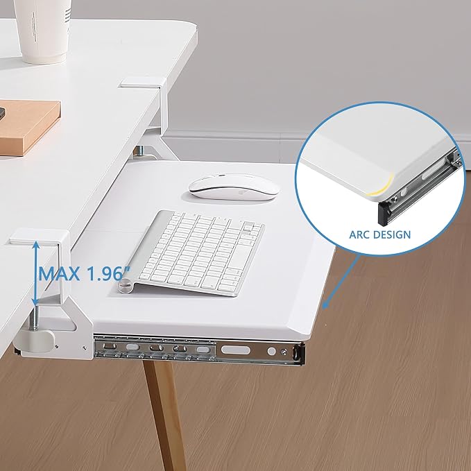 ETHU Under Desk Keyboard Tray - Small Slide Out Keyboard Shelf with C Clamp Mount, 19.7" x 11.8" Ergonomic Pull Out Tray for Home Office Desk, White
