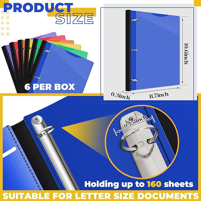 Henoyso 6 Pcs 0.75 Inch Telescoping 3 Ring Binder with Expandable Telescoping Spine 175 Sheets Capacity with Clear Front Cover 3 Rings Flexible Plastic Notebook Binder for School, Office(Multicolor)