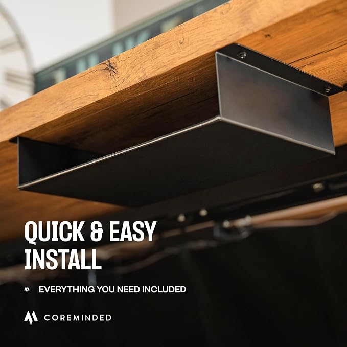 COREMINDED Under Desk Storage Shelf - Carbon Steel Under Desk Tray with Cable Management, Mountable Add-On Shelf for Table & Office Desks (7.5" x 8" x 2.8")
