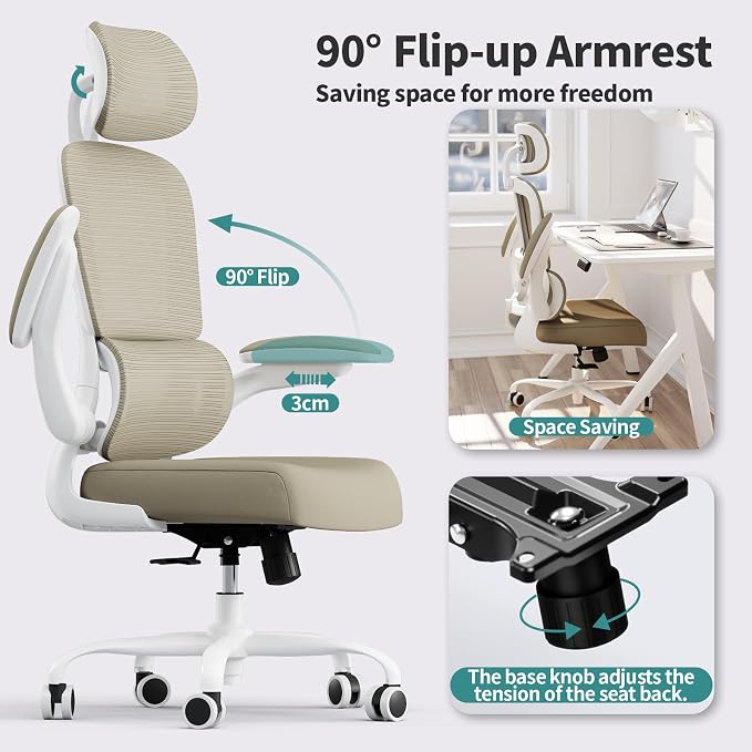 TRALT Office Chair Ergonomic Desk Chair - Gaming Chair with Lumbar Support | 330 LBS Home Office Desk Chairs with Headrest, Reading Chair with Flip-up Armrests, Comfortable Computer Chairs (1, Khaki)