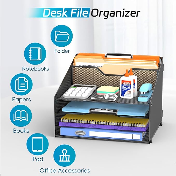 Desk File Organizer, 4 Letter Trays and 2 Upright Sections, Black | Paper Organizer for Desk with Tiered Letter Trays and Vertical File Holders for Home Office, School and Workspace Use