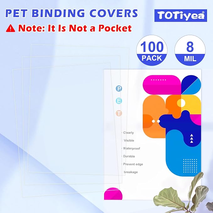 TOTiyea 100 Pack 8 Mil Ultra Clear Binding Covers,Letter Size | Clear cover sheets for binding,Unpunched,long-lasting durability,Clear binding covers for office, school,business documents