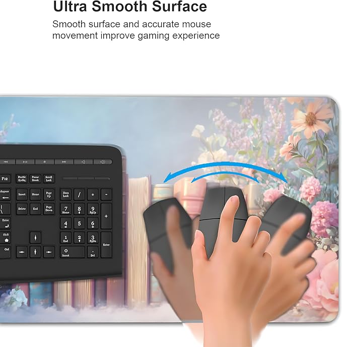 Cute Floral Aesthetic Book Gaming Mouse Pad, Blue Pink Dreamy Desk Mat with Anti-Slip Base & Stitched Edges, Office Supplies & Desk Decor for Women, 35.4" x 15.7" in Home Office Essentials