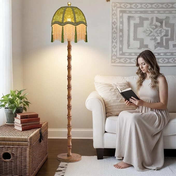 ZECOXOL Wood Floor Lamps for Living Room Boho Rustic Floor Lamp with Remote Control,Dimmable Vintage Floor Lamp Green Mid Century Modern Standing Lamp Pole Tall Fringe Floor Lamp for Bedroom Corner