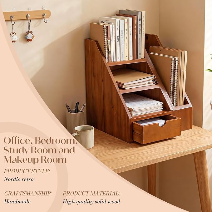 Vintage Wooden Desk Organizer Set of 2 - Wood Desktop File Holder & Shelf with Drawer - Rustic Office Storage for Books, Folders, Mail & Supplies - Matching Organizer for Home Office Desk