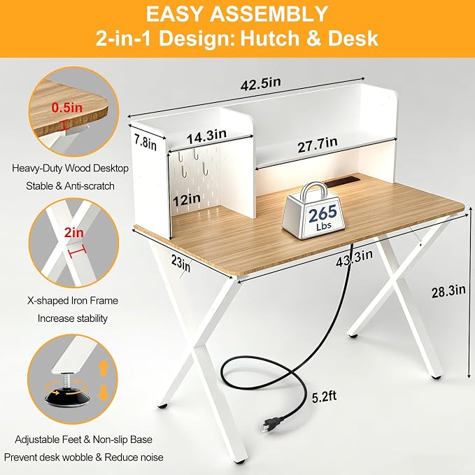 Lightdot 44"×24" White Computer Desk with Motion Sensor Light, Home Office Gaming Desk with Charging Station Pegboard, Modern Study Desk for Work Bedroom Game Kids Room Living Room