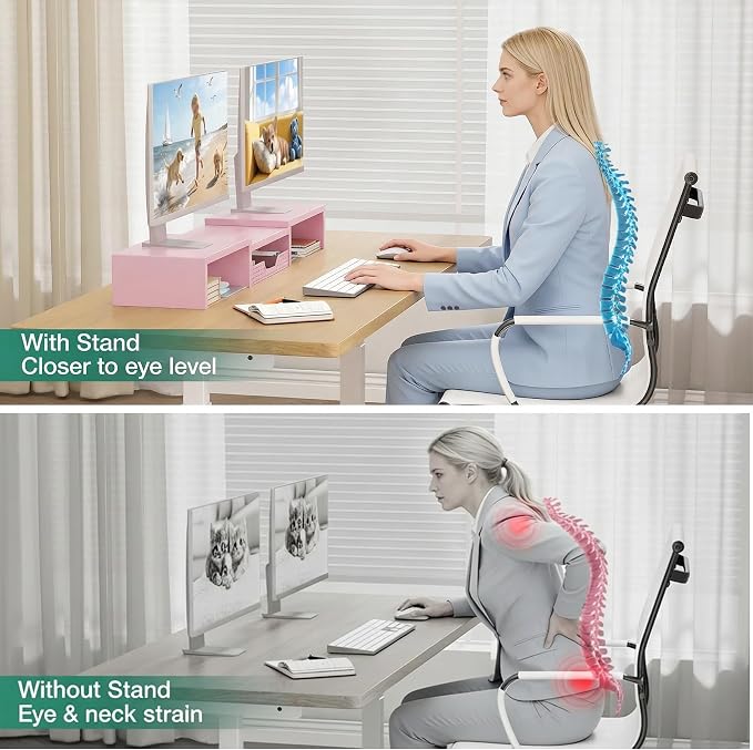 Dual Computer Monitor Stand Riser, Desk Organizer with Drawer, Office Desk Accessories & Workspace Organizers for Home Office Supplies, Pink