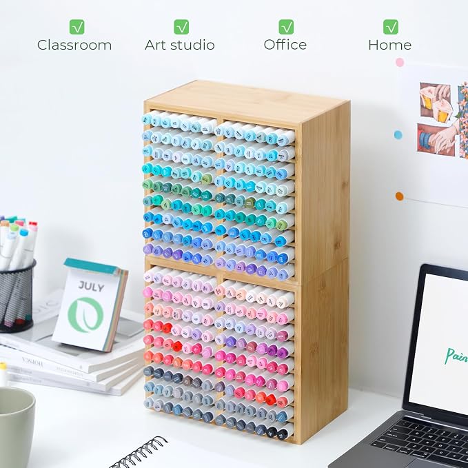 Ohuhu Bamboo Marker Organizer, Wooden Desktop Storage Holds 126 Markers | Markers Pens Pencils Art Brushes Stationary Organizer Pencil Holder with 18 Compartments for Classroom Office Decor Home
