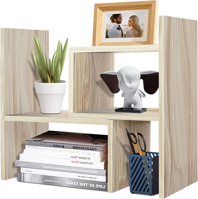 TY ARTS & CULTURE - Expandable Wood Desktop Storage Organizer Multipurpose Desk Bookshelf Display Shelf Rack Counter Top Bookcase for Office Home | Natural Beige | expandable desk bookshelf, multipurpose display shelf rack,countertop shelf, home office...
