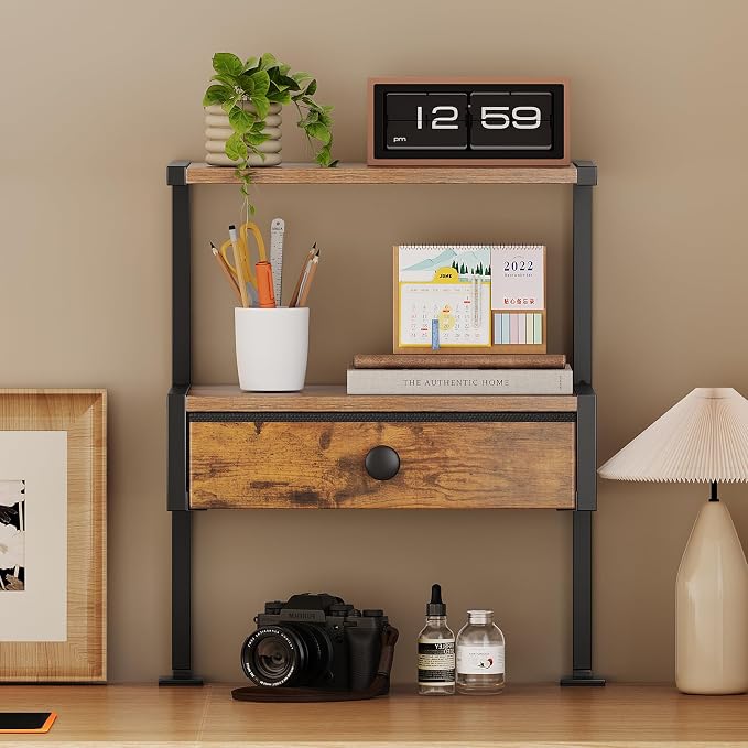 VENNQD Clamp On Desk Shelf, 2-Tier Desktop Organizer, Wood Desktop Supplies Tabletop Book Storage Rack with Adjustable Shelves for Table Working and Gaming Accessories, Rustic Brown