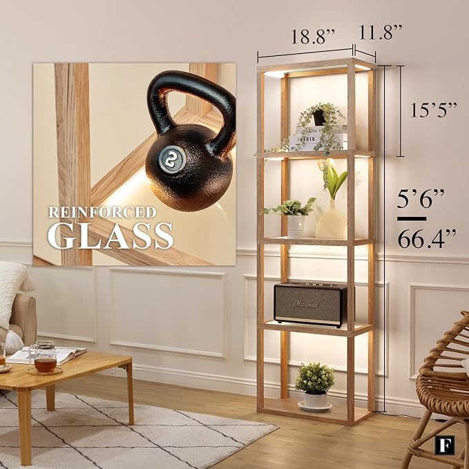 FENLO Fantasy Plus 66" Luxury Glass Display Shelf, Rustic Wood | Dimmable LED Floor Lamps, Curio Cabinet with Bookshelf, Sturdy Shelves, For Bedroom