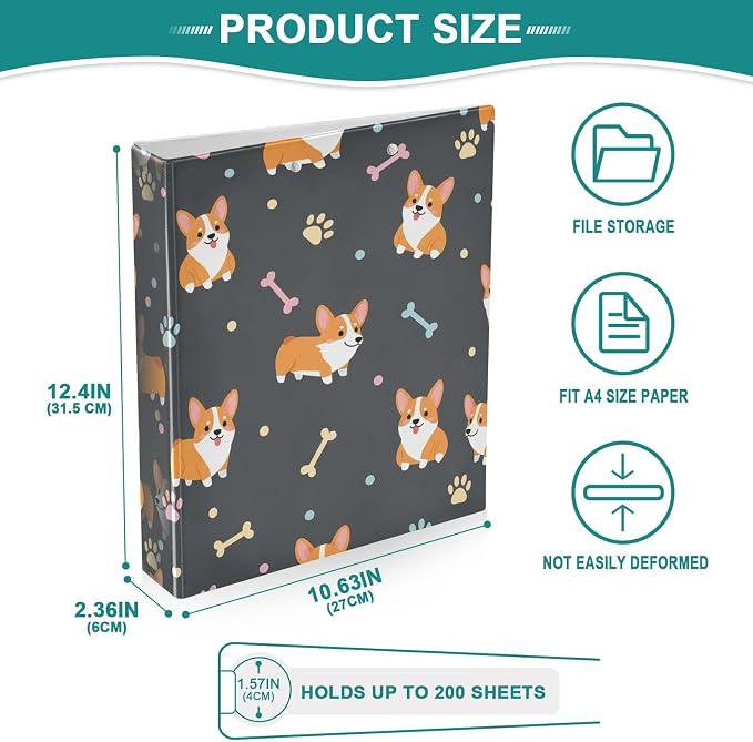 Corgi Paws 3 Ring Binder, 1.5 Inch Heavy Duty Decorative Binder with 2 Pockets, Letter Size Office Organizer