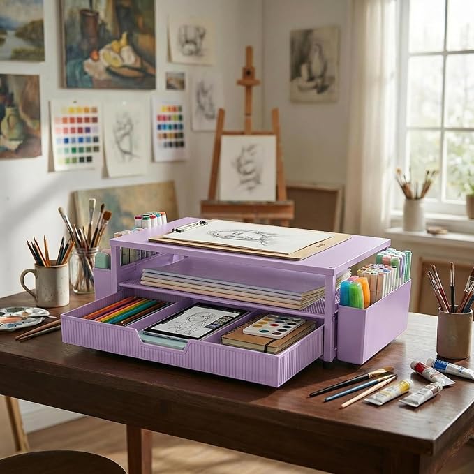 ECOLOVI Desk Organizer and Accessories, 2-Tier Computer Monitor Stand Rise with Storage Drawer & 2 Pen Holders, Laptop & Printer Stand for Desktop, Workspace Organizers for Office Supplies (Purple)