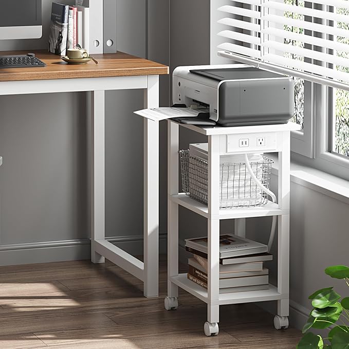 TUTOTAK Printer Stand, 3 Tier Rolling Printer Cart with Charging Station | Small Under Desk Printer Table with Wheels for Small Space, Office, Home, White PS02BW001