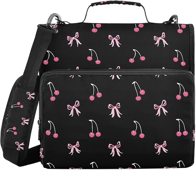 Black Pink Bow Cherry Zipper Binder Bag 3 Ring Binder with Shoulder Strap Zip Up 500 Sheets Capacity Multi Pockets for School Office Supplies