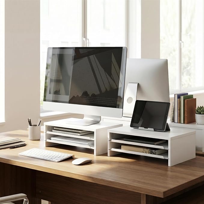 Fenge 14.3-Inch Monitor Stand with Slide-Out Trays, Wood & Metal Desk Shelf | 3-Tier Space-Saving Desk Storage Organizer, Fits Computer, Laptop, Printer and Telephone