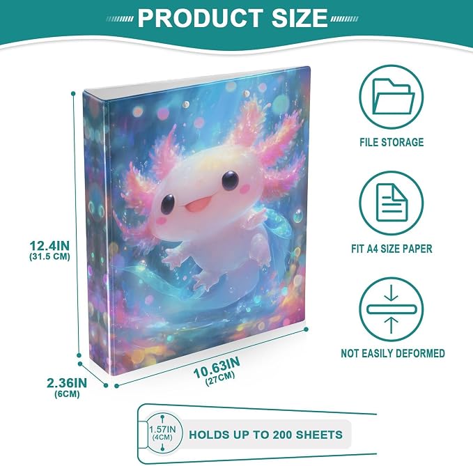 3 Ring Binder Shiny Axolotl 1.5" Round Ring Binders View Binder with 200 Sheet for Kids School Supplies Women Men Office, 1 Pack