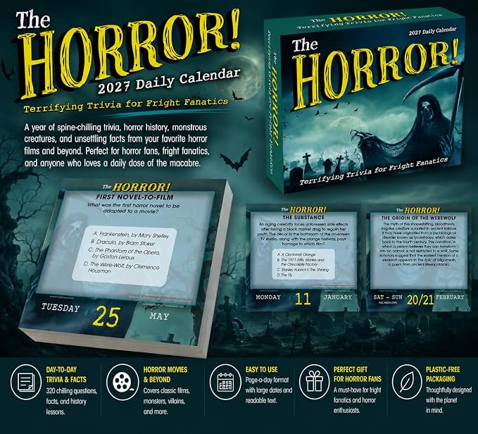 The Horror! 2027 Daily Desk Calendar: Boxed Page-a-Day Scary Movie & Trivia Calendar with Day-to-Day Frightening Facts for Horror Fans & Fright Fanatics