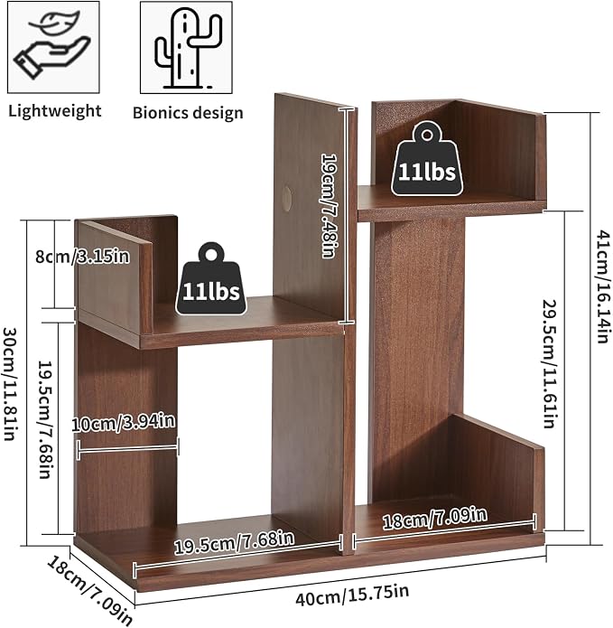 Aibiju Small Bookshelf for Small Space, Unique Cactus Bookcase, Kitchen Counter Shelf Desktop Organization, Light Walnut YD-DSR002LW