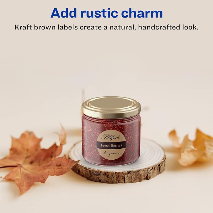 Avery® Kraft Brown Round Labels, Sure Feed® Technology, 2" Diameter, 1,200 Kraft Brown Labels, Print-to-The-Edge, Laser/Inkjet Printable