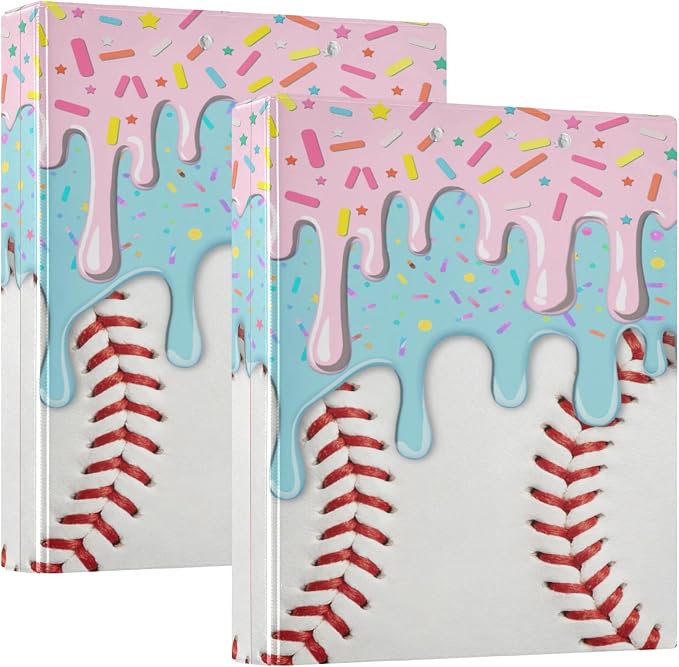 Baseball Red White Stripe Pattern Round Ring Binders 1.5 Inch Softball Sports 3 Ring Clipboard Binder for Office School Work Supplies File Folder 200 Sheet Capacity 2 Pieces