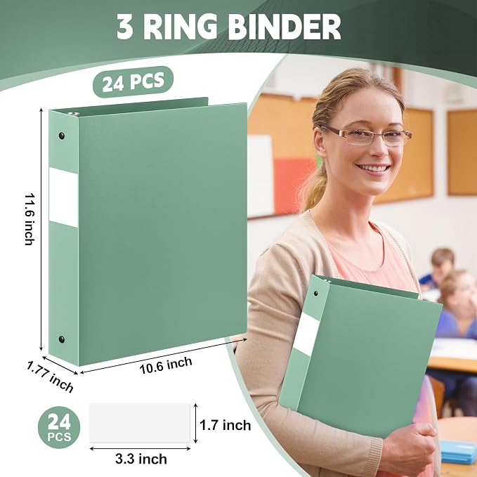 Henoyso 24 Pcs 1.5 Inch 3 Ring Binders, Letter Size,Sage Green | Binders Bulk, Holds 350 Sheets, Round Rings, Durable Flexible PP Plastic Covers, Pockets Labels, School Office Supplies