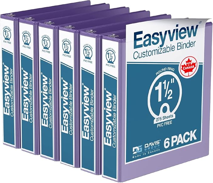 Easyview 3-Ring Binder, Clear-View Cover, 1.5" Round Rings, 6 Pack | Heavy-duty binder, fits 8.5" x 11" paper, purple, customizable cover, made in Canada, ideal for school or office use