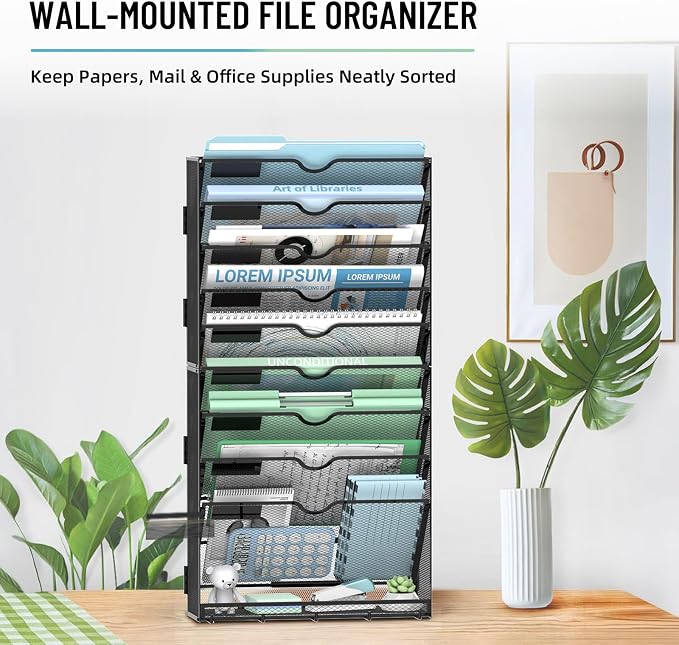 10-Tier Wall File Organizer with 5 Hooks, Wall Mounted Mail Organizer | File Holder Organizer, Metal Mesh Office Wall Organizer for Home, School & Classroom