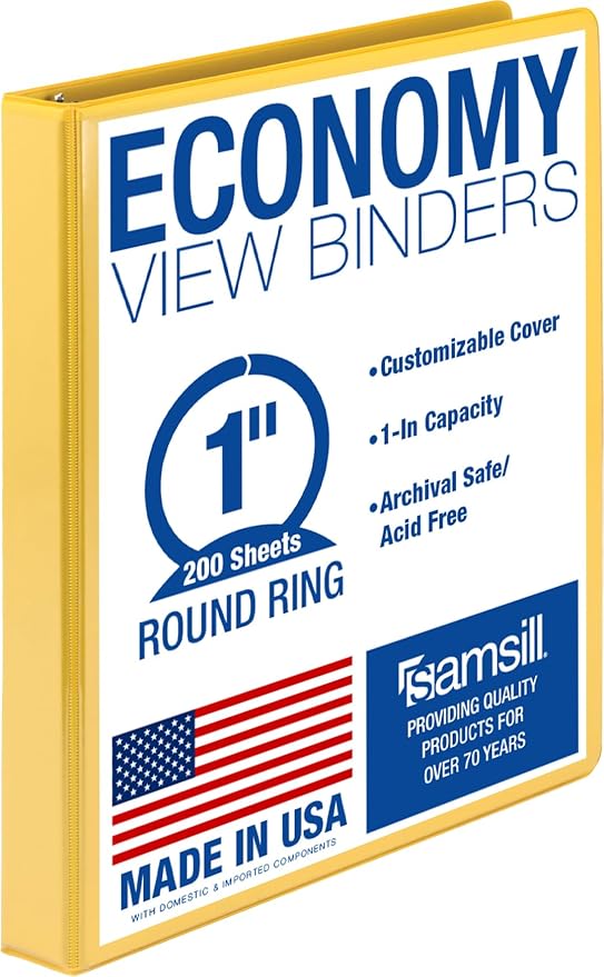 Samsill Economy 3 Ring Presentation View Binder, 1 Inch Round Ring, Yellow – Holds 200Sheets, Customizable Clear View Cover(18531)