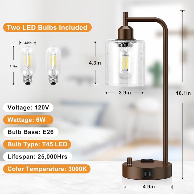 Innqoo Industrial Table Lamps for Bedrooms Set of 2 - Fully Dimmable Bedside Lamps with USB Ports and Outlet, Brown Nightstand Lamps with Glass Shade for Living Room, Desk Lamps for Office Reading