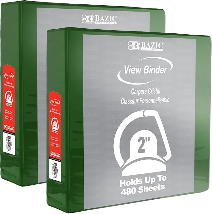 BAZIC Products 2" Green 3-Ring View Binder, Slant-D Ring, 2 Pockets, 2-Pack | 2 inside pockets, 2 in Green view 3-ring binder, slant-D rings, holds up to 480 sheets, Durable poly cover, 2 Pockets