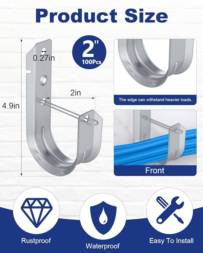 AOKLIT 100 Pcs 2" Galvanized Steel J-Hooks, Heavy Duty Wall Mount Cable Support J Hook with Retainer Clip for Cable Management