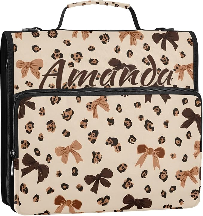 Custom 3 Ring Zipper Binder Leopard Print Bow Pattern Personalized Name 1.5 inch Binders Large Capacity Multi Pockets for School Office Supplies