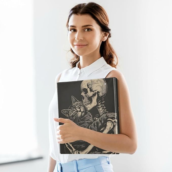 3 Ring Binder, Cat and Skeleton Skull File Folder Holds 200 Sheets File Storage for Women Men School Office Supplie