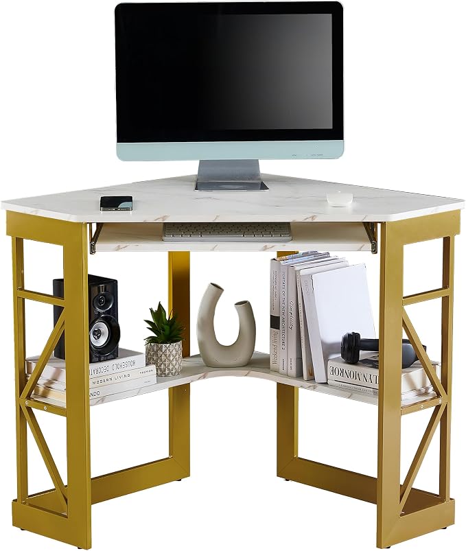 VECELO Corner Desk Computer Desk Writing Table with Smooth Keyboard Tray&Storage Shelves for Small Spaces/Compact Home Office Triangle Table,Gold & White