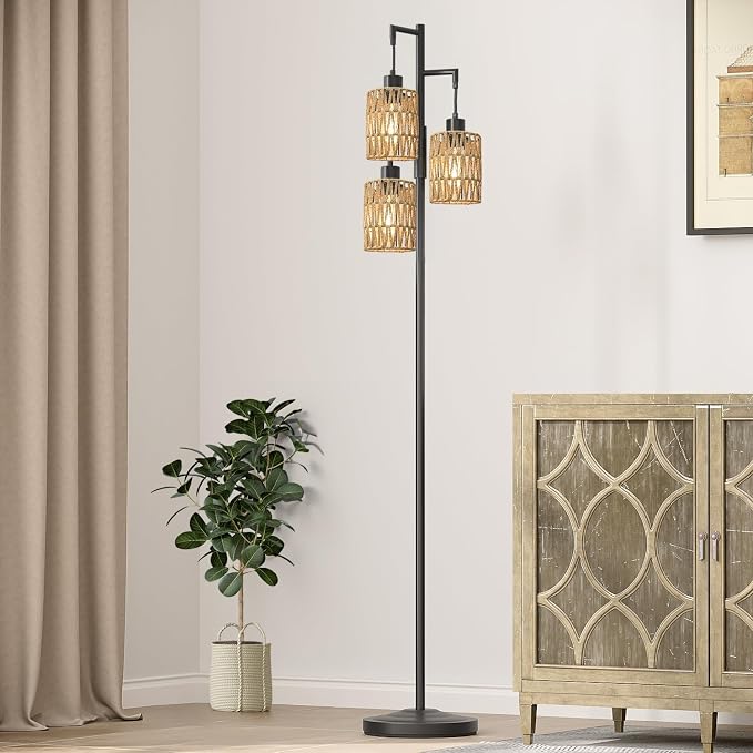 70" Floor Lamps for Living Room, Stepless Dimmable Boho Floor Lamp with 3 Bulbs, Tall Farmhouse Industrial Corner Standing Tree Lamp for Bedroom, Office, Study Room, Dining Room, Black