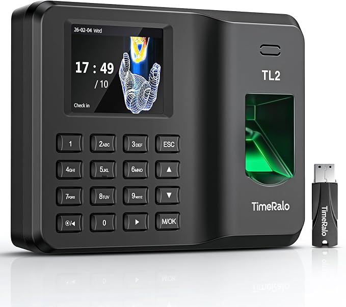 Standalone Time Clock for Employees, Fingerprint/PIN Punch Machine | Employee Attendance Punch Machine with USB Data Export, Works Offline, No WiFi, Software & Monthly Fees