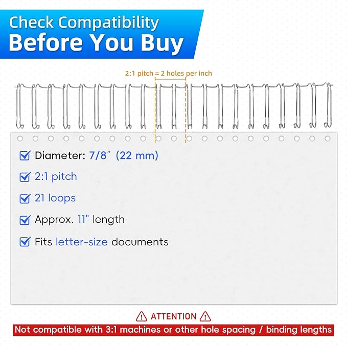 RAYSON 2:1 Wire Binding Spines 21 Loop, 7/8 Inch Silver, 220 Sheet, 50 Pack | 2:1 Pitch Binding Wire | Double Loop Wire Design | Binds Up to 220 Sheets | Letter Size Compatible | Smooth Page Turning