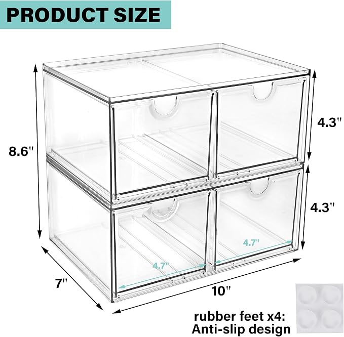 Prsildan Acrylic Storage Drawers Clear Makeup Organizer with 4 Drawers | Transparent, Stackable, For Vanity Bathroom Kitchen Cabinets Office Desk Undersink, Cosmetics Toiletries Home Small Items