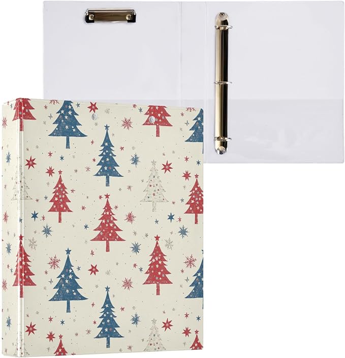Winter Red and Blue Trees Snowflake 3 Ring Binder 1.5" Decorative D-Ring Binder with Clipboard&3 Clear Pockets, Holds 200 Sheets A4 Size Paper Waterproof Binders for School Home Office|2 Pack