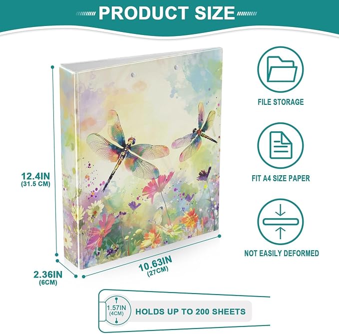 Dragonfly Round Ring Binders 1.5 Inch Flowers 3 Ring Clipboard Binder for Office School Work Supplies Document 200 Sheet Capacity Easy Open 2 Pieces