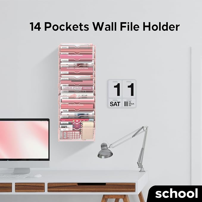 14-Tier Wall File Organizer and Hanging File Organizer, Pink | Wall Organizer and Wall Mounted File Holder with 14 Pockets and Label Panels for Files, Mail, Folders, Magazines and Paper