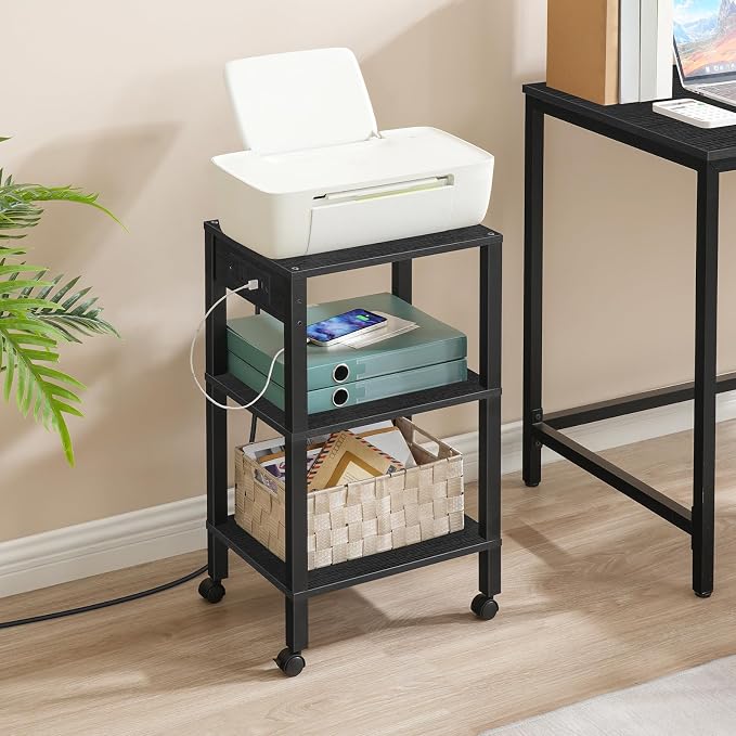 HOOBRO 3-Tier Printer Stand with Charging Station, Under Desk Printer Table, Printer Cart with Storage Shelves, Shelf for Small Spaces, for Home Office, Black BK63UPS01