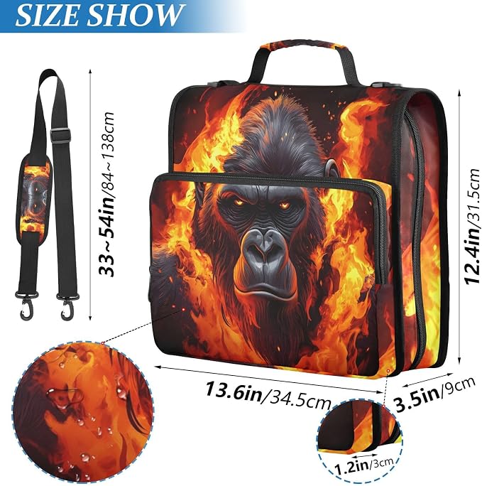 3 Ring Zipper Binder with Shoulder Strap Fierce Gorilla King Kong 1.5 inch Binders Keeper Large Capacity Multi Pockets for School Office Supplies