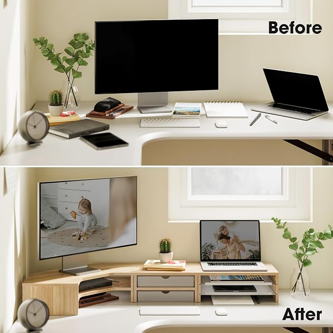 Fenge Dual Monitor Stand, Corner Desk Shelf with Drawer & Slide-Out Tray | Modular Design for Flexible Layouts, 2-Tier Storage Desktop Organizer for Computer, Laptop, Printer and Telephone