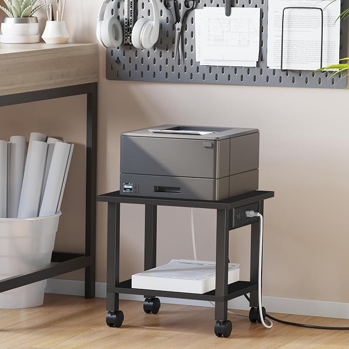 TUTOTAK Printer Stand, 2 Tier Rolling Printer Cart with Charging Station | Small Under Desk Printer Table with Wheels for Small Space, Office, Home, Black PS01BK001